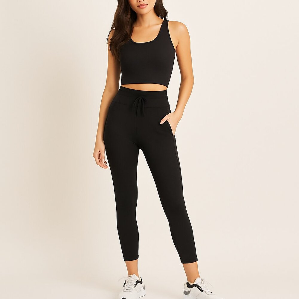 Victoria Sport Y2K Black Pocket Leggings Drawstring Cropped Fit Workout Gym S